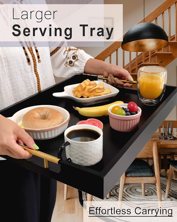 22 Inch Rectangle Black Ottoman Tray with Gold Metal Handles, Extra Large Wooden Serving Tray for Living Room, Coffee Table, Kitchen & Hosting-CasaMuseHome