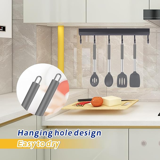 5-Piece Silicone Kitchen Tool Set, BPA-Free, Heat-Resistant, Non-Stick & Dishwasher-Safe, with Slotted/Solid Spoons & Spatulas for Frying, Mixing, Draining – Includes Multi-Purpose Serving Hook(Gray)-CasaMuseHome