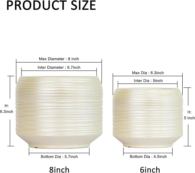 8 Inch + 6 Inch Ceramic Plant Pots Indoor with Drainage – Flower Pot Set, Decorative Indoor Planters for House Plants and Garden Use-CasaMuseHome