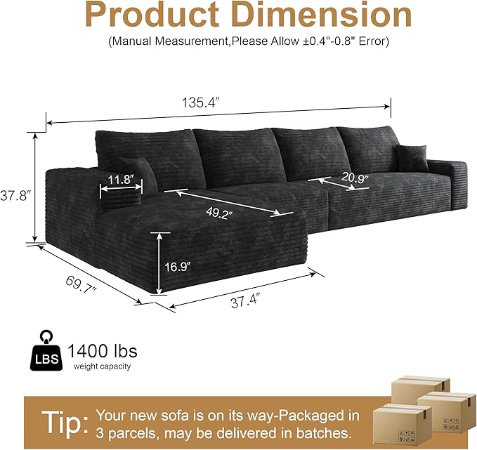 136" Sectional Couches for Living Room Modern Modular Sofa with L-Shape Couchs Upholstered Boneless Couch Deep Seat Sectional Couch with Chaise (Black, Left Facing Chaise+3Seaters)-CasaMuseHome