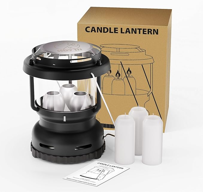 3-Wick Emergency Candle Lantern for Power Outages [18H+ Burning Time] Vintage Decorative Candle Lantern for Real Candles, Outdoor Portable Camping Survival Lighting [7.1"*5.7" - Matte Black]-CasaMuseHome