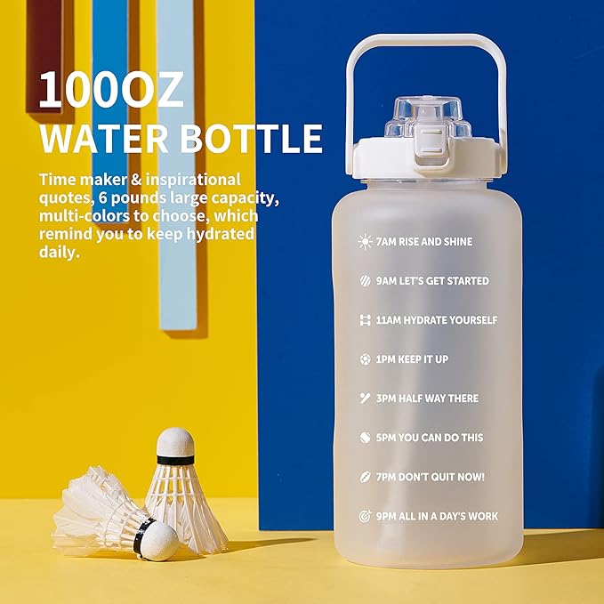 64oz,100oz,128oz Large Motivational Water Bottle with Time Marker, Leakproof & BPA Free Half Gallon Big Water Bottle with Straw Handle Tritan Frosted Water Jug for Gym,Fitness,Outdoor Sports-CasaMuseHome