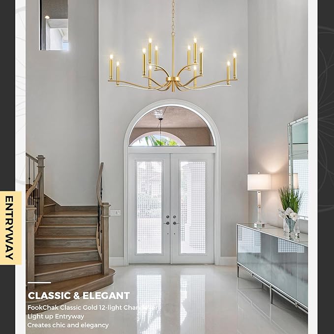 12 Light Gold Living Room Chandelier High Ceiling Foyer Candle Chandelier Large Modern Brass 44in Metal Chandeliers Hanging Light for Master Bedroom Dining Room Light Fixture Over Table-CasaMuseHome