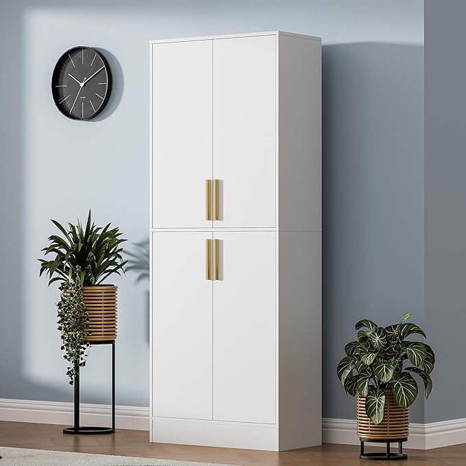 71" Tall Pantry Cabinet with 4 Doors, Kitchen Pantry Storage Cabinet, Freestanding Larder Cupboard, Kitchen Hutch with Gold Handles for Dining Room, Bathroom, White-CasaMuseHome