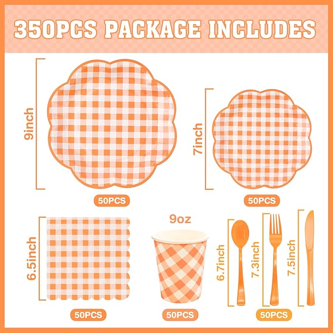 350 Pcs Orange and White Gingham Party Supplies - Orange Gingham Paper Plates and Napkins Sets Serve 50 - Scalloped Checkered Plates for Birthday Picnic Fall Halloween Thanksgivng Party Decorations-CasaMuseHome
