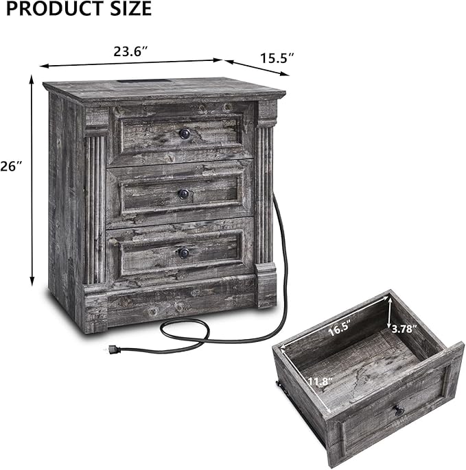 26" Tall Farmhouse Nightstand Set of 2, 3 Drawers End Table w/Charging Station, 23.6" Wide Large Side Table w/Roman Column, Wood Rustic Sofa Table for Bedroom, Light Gray-CasaMuseHome