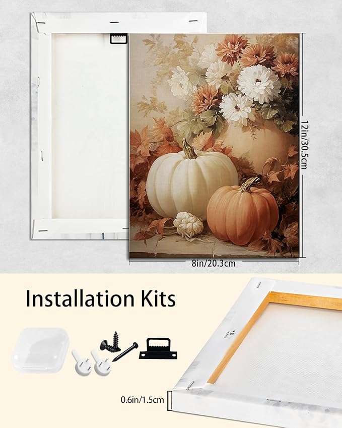 AbcCustomize Fall Wall Art Pumpkin Floral Print, Vintage Thanksgiving Decorations Canvas for Autumn Decor, Rustic Daisy Farmhouse Wall Art Decor for Bedroom Living Room Kitchen, Ready to Hang-CasaMuseHome