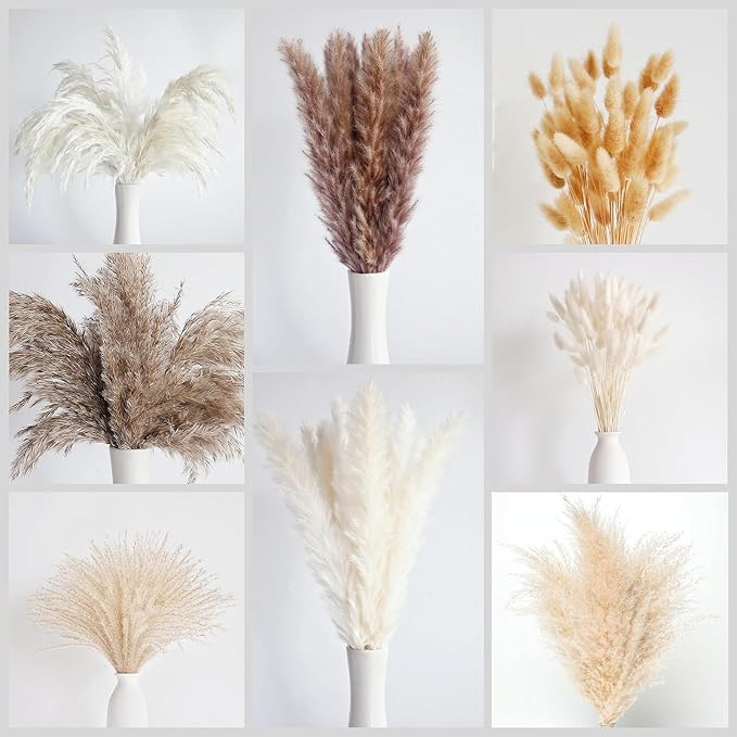 130 PCS Dried Pampas Grass Bouquet, Boho Table Decor, Bunny Tails Dried Flowers, Brown Pampas, Fluffy Pompas, White Pampas Grass for Weddings, Home Decor, Rustic Parties, and Baby Shower Decorations-CasaMuseHome
