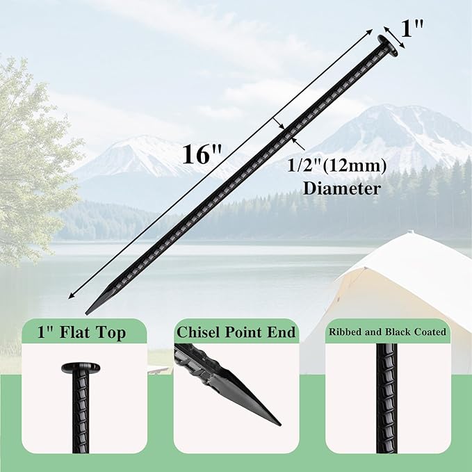 16 Inch Rebar Stakes 20 Pack Heavy Duty Ground Anchors 1/2 Inch Diameter Galvanized Steel Asphalt Anchoring Metal Spikes for Speed Bump, Parking Curb and Camping Tent-CasaMuseHome