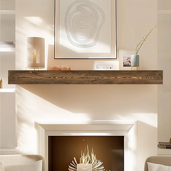 60x8x3 Fireplace Mantel - Handcrafted Hollow Rustic Solid Wood Wall Mounted Floating Shelf with Invisible Heavy Duty Wood Bracket (Weathered Brown)-CasaMuseHome