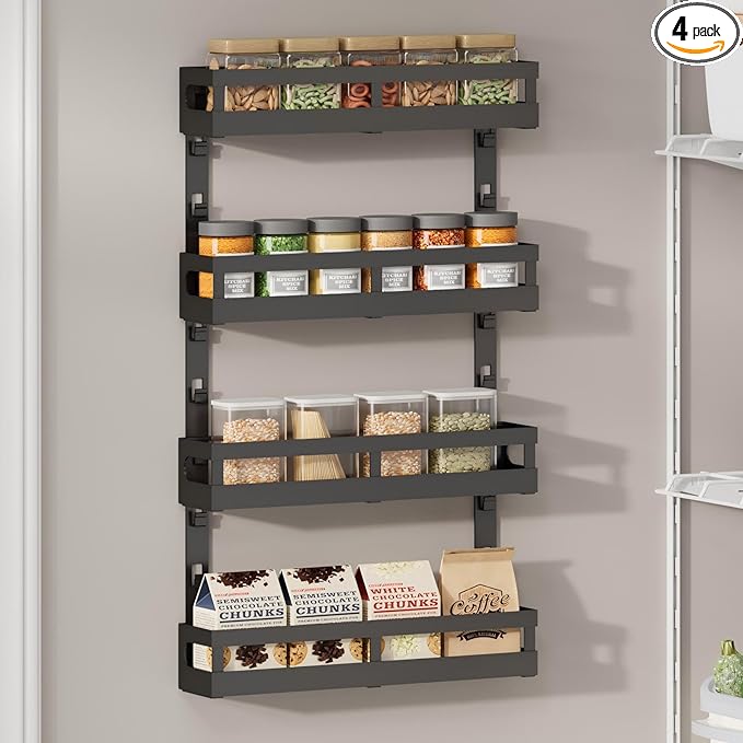 4-Tier Small Wall Mounted Spice Rack Organizer, Hanging Spice Shelf for Cabinet or Pantry, Height-Adjustable Seasoning Holder for Kitchen Storage, Black-CasaMuseHome