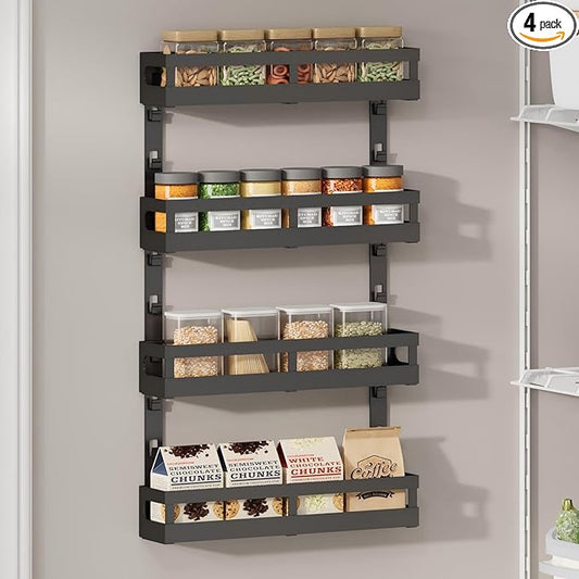 4-Tier Small Wall Mounted Spice Rack Organizer, Hanging Spice Shelf for Cabinet or Pantry, Height-Adjustable Seasoning Holder for Kitchen Storage, Black-CasaMuseHome