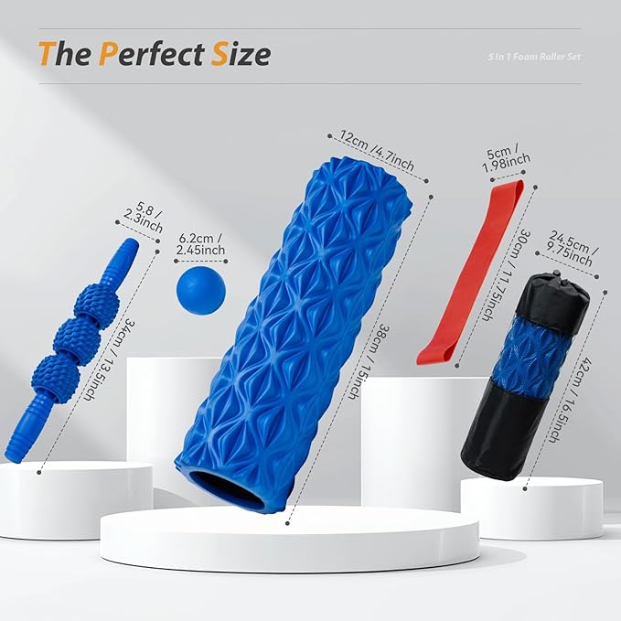 5 in1 Foam Roller Set, Trigger Point Foam Roller, Massage Roller Stick, Massage Ball, Resistance Band for Deep Muscle Massage Pilates Yoga,Fitness Exercise for Whole Body (Pure Blue)-CasaMuseHome