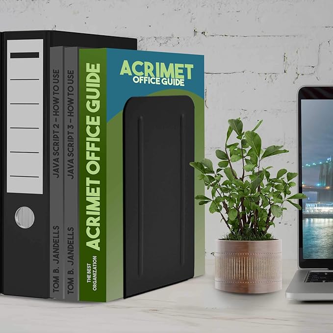 Acrimet Metal Bookends, Jumbo Size 9" H x 4" W x 4-1/2" D, Non-Skid Book Stand for Shelves, Heavy Duty Book Stopper, Black, 1 Pair-CasaMuseHome