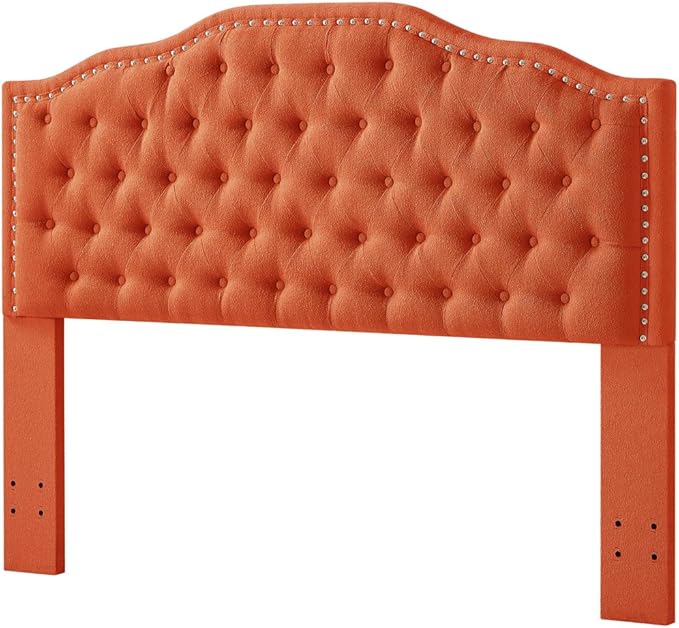 24KF Upholstered Button Tufted Queen Headboard with Nailhead Trim, Elegant Boucle Fabric Full headboard, 6031-Q-Boucle-Orange-CasaMuseHome