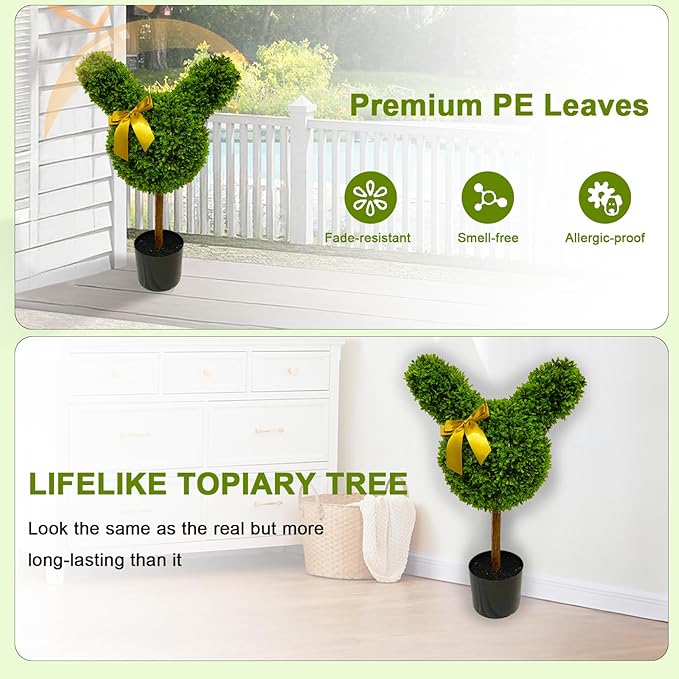 2 Pcs Artificial Bunny Shaped Topiary Trees, Artificial Green Boxwood Bunny Decorations with Gold Bow, Perfect for Indoor & Outdoor Front Porch, Easter& Garden Decor (Bunny Shaped Topiary Tree)-CasaMuseHome
