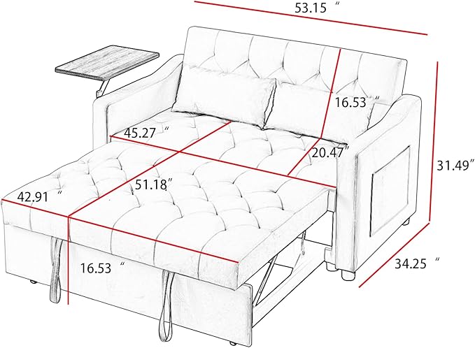 3-in-1 Convertible Sleeper Sofa Bed, Pullout Couch with 360° Swivel Side Table, Modern Chenille Fabric, Easy to Assemble, Folding Loveseat Sofa Bed for Living Room & Guest Room-CasaMuseHome