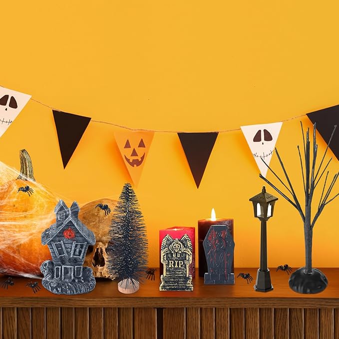 56 Pcs Halloween Village Accessories Set Halloween Haunted House Village Set Miniature Tombstones Tree Fake Spiders Fence Streetlamp Figurines for Home Table Party Decor-CasaMuseHome