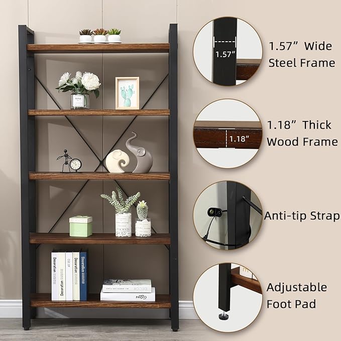 5 Tier Bookcase, Solid Wood Bookshelf Rustic Vintage Industrial Etagere Bookcase, Metal and Wood Free Vintage Bookshelf, Retro Brown (Real Wood) (5-Tiers)-CasaMuseHome