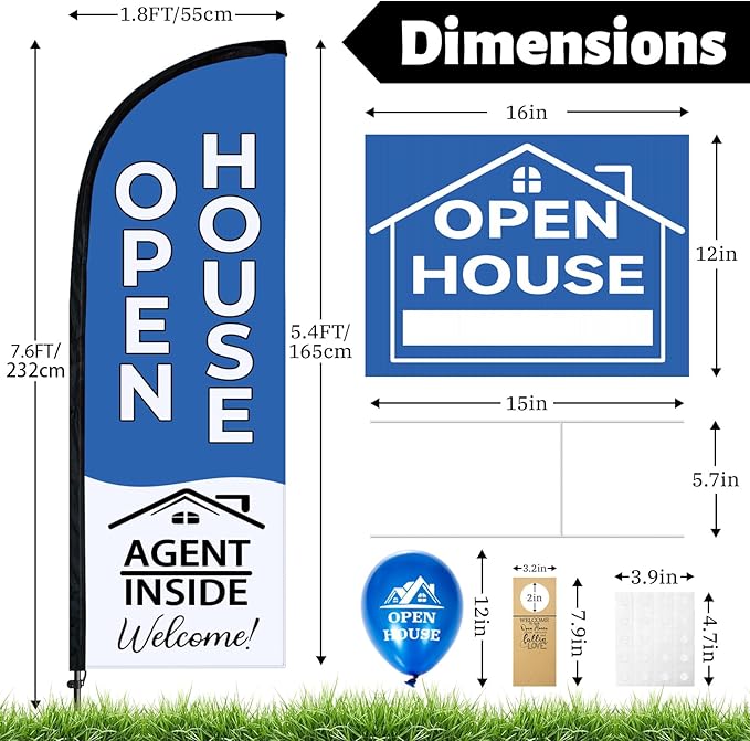 44 Pcs Open House Signs for Real Estate Agent Supplies, Double Sided Open House Flag Kit for Outside, 7.6 x 5.4 Ft Blue Banner Flag Poles Set with Directional Arrows Yard Sign Stakes Balloons-CasaMuseHome