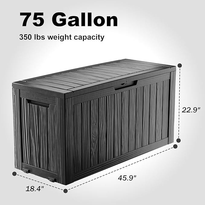 75 Gallon Resin Deck Box, Lockable Outdoor Storage Box for Patio Cushions Storage Furniture,Garden Tools, Pool Supplies, Weatherproof and UV Resistant（Black）-CasaMuseHome