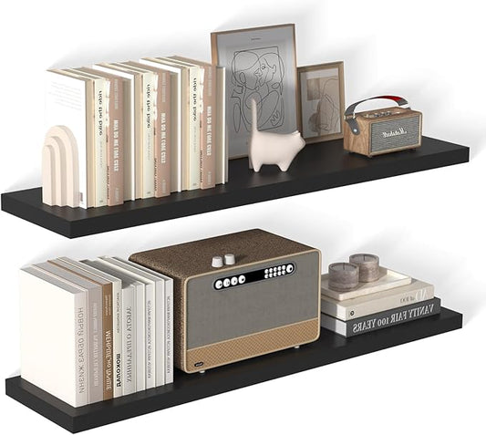 48 Inch Floating Shelf 2 Pack Large Floating Shelves for Wall No Drilling Accessories Included Deep Wall Shelves for Living Room Kitchen Farmhouse 48" W x 12" D x 1.2" Black-CasaMuseHome