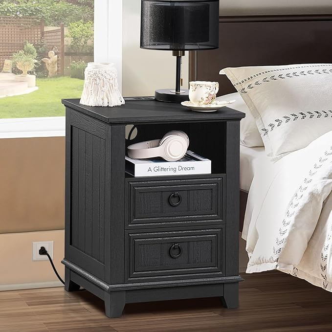 18" Night Stands Set of 2 with Charging Station, Farmhouse 2 Drawers End Table Dresser for Bedroom, Black Wooden Nightstand, Bed Side Table with Open Shelf, Bedside Cabinet for Living Room-CasaMuseHome