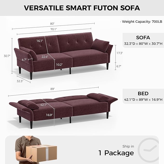 89” Futon Sofa Bed, Velvet Fabric Comfy Futon Couch Bed with 2 Square Pillows, Convertible Sleeper Sofa with Adjustable Backrest& Armrests, Modern Loveseat Sleeper for Living Room, Burgundy-CasaMuseHome