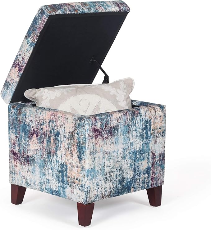 Adeco 18 Inch High Cube Ottoman Storage, Linen Chair Foot Stools, Upholstered Vanity Stool with Hinged Lid, Solid Wood Legs-CasaMuseHome