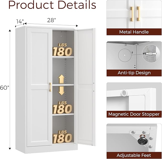60" Tall Metal Pantry Cabinet, White Kitchen Pantry Storage Cabinet with 3 Adjustable Shelves and Gold Handles, Cupboard for Kitchen, Dining Room, Living Room, Bathroom-CasaMuseHome