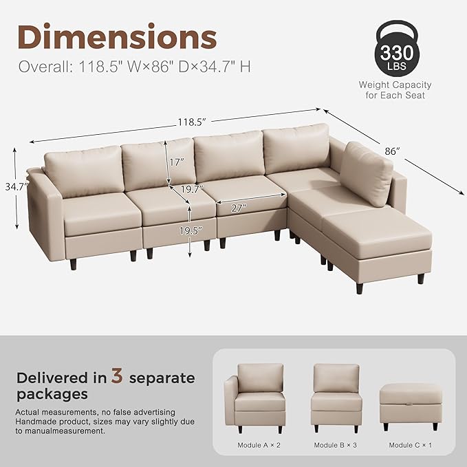118.5" Faux Leather Modular Sectional Sofa, L Shaped Couch Set for Living Room, 6-Seater Comfy Cloud Couches with Movable Storage Ottoman Whitesand-CasaMuseHome