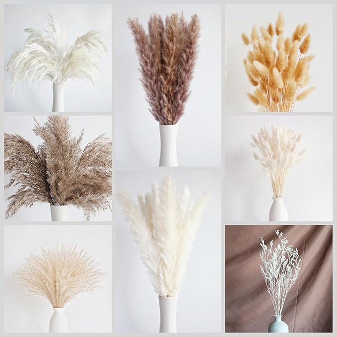128 PCS Dried Pampas Grass Bouquet, Boho Table Decor, Bunny Tails Dried Flowers, Brown Pampas, White Pampas Grass for Weddings, Home Decor, Rustic Parties, and Baby Shower Decorations-CasaMuseHome