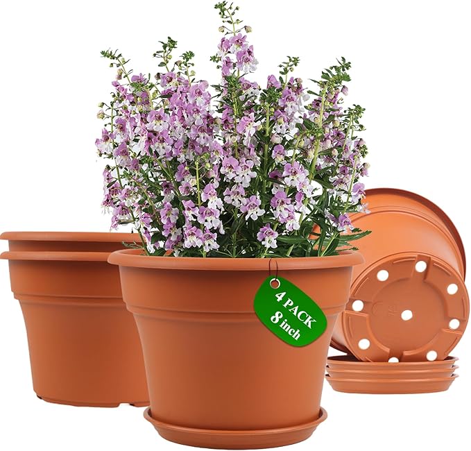 8 Inch Plastic-Flower Pot-for-Indoor Plants, 4 Pack Large Outdoor Planter Pot with Drainage Holes & Saucers, Resin Decorative Garden Pots Planters-CasaMuseHome