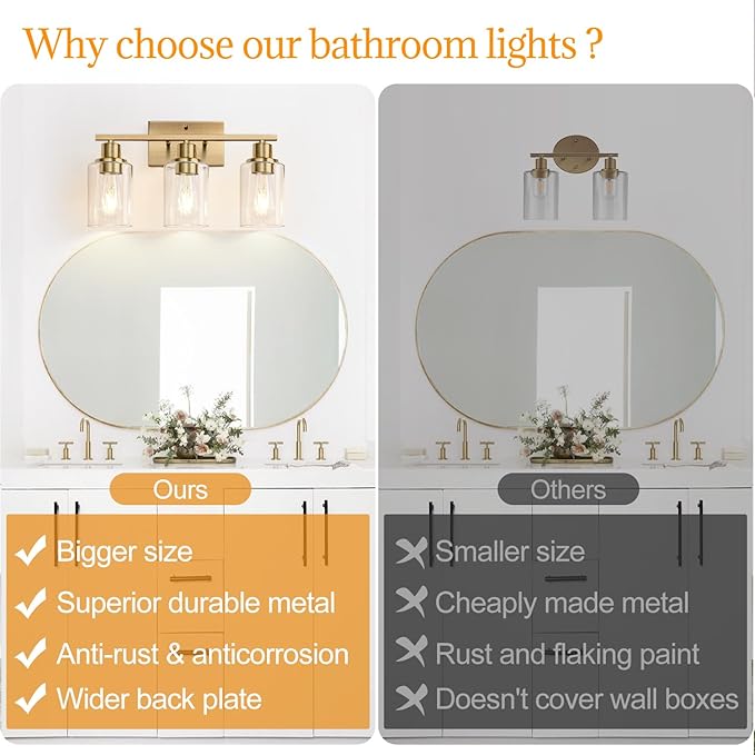 3 Light Bathroom Light Fixtures, Brass Vanity Lights for Bathroom with Clear Glass Shades, Modern Bathroom Wall Sconces for Mirror Living Room Cabinet-CasaMuseHome