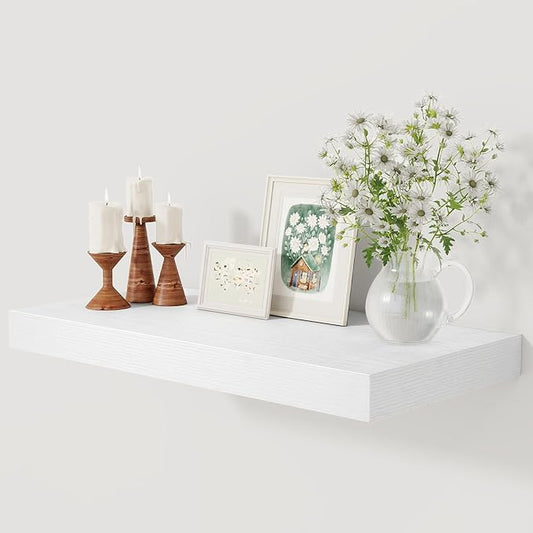 12 Inch Deep White Floating Shelves, 24 x 12 Floating Shelf for Books, Rustic Wood Deep Wall Shelves for Home Storage & Display, 2" Thicked Shelves for Kitchen, Living Room, Bedroom, 1 Pack-CasaMuseHome