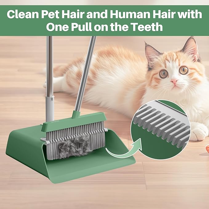 JOYMOOP Dark Teal Green Broom and Dustpan Set with 56” Handle, Upright Angle with Comb Teeth for Pet Hair and Hardwood Floors-CasaMuseHome