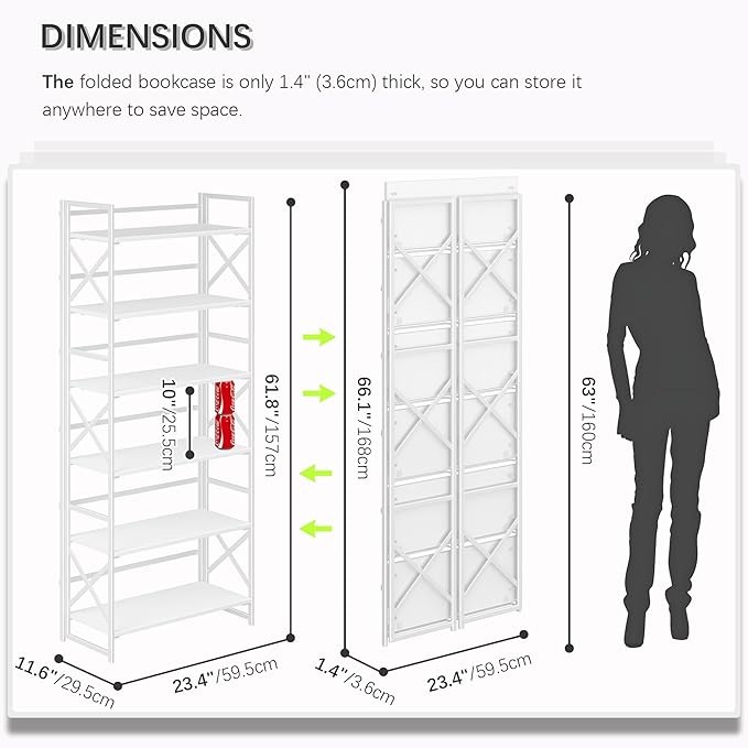 4NM 6 Tiers No Assembly Book Shelves, 61.8" H Folding Bookshelf Bookcase Open Industrial Foldable Shelves for Bedroom, Living Room, Home Office - All White-CasaMuseHome