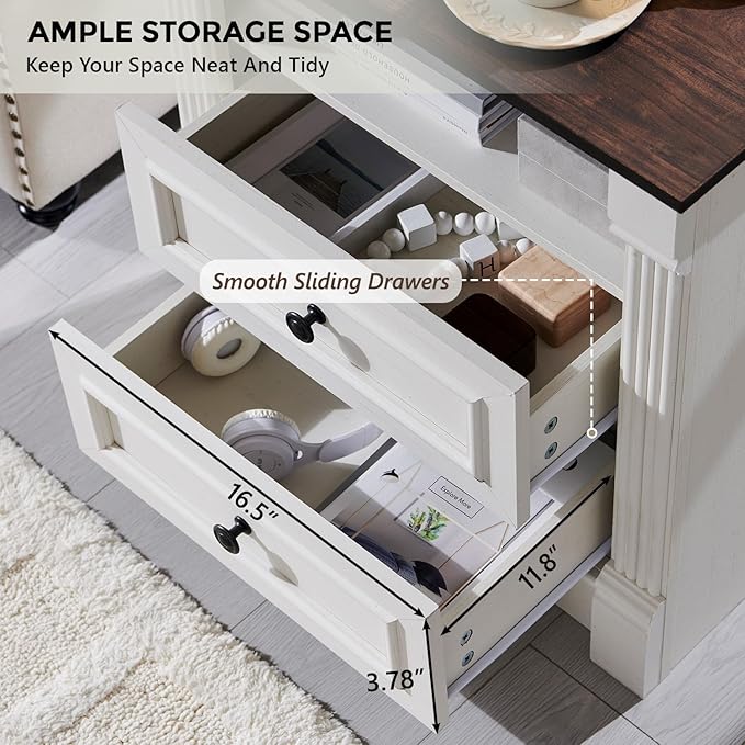 26" Tall Farmhouse Nightstand, 2 Drawers End Table w/Charging Station, 23.6" Wide Large Side Table w/Roman Column, Wood Rustic Sofa Table w/Open Shelf, Bedside Table for Bedroom, White-CasaMuseHome