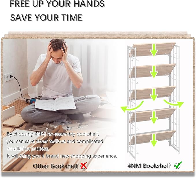 4NM No Assembly 5 Tiers Folding Bookshelf, 59.4" H Foldable Storage Shelves Vintage Bookcase Standing Racks Study Organizer Home Office - Natural White-CasaMuseHome