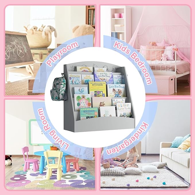 5-Tier Kids Bookshelf Montessori Toddler Book Rack Baby Bookcase Floor Front Facing Magazine Display Shelf for Bedroom Playroom Nursery Classroom Kindergarten Wood (Gray)-CasaMuseHome