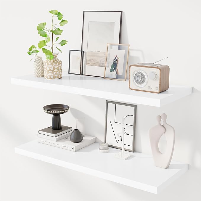 36" Floating Shelves for Wall, 12" Deep Slim White Floating Shelves, Wall-Mounted Shelves for Bedroom, Living Room, Kitchen, Bathroom - Set of 2-CasaMuseHome