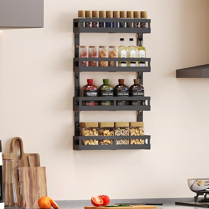 4-Tier Small Wall Mounted Spice Rack Organizer, Hanging Spice Shelf for Cabinet or Pantry, Height-Adjustable Seasoning Holder for Kitchen Storage, Black-CasaMuseHome