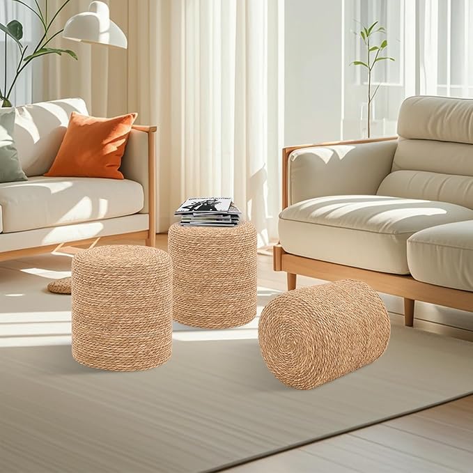 16'' Round Ottoman Natural Seagrass Braided Poof Hand Weaving Round Ottomans Boho Footrest Stool for Home Living Room Bedroom Patio(Natural)-CasaMuseHome
