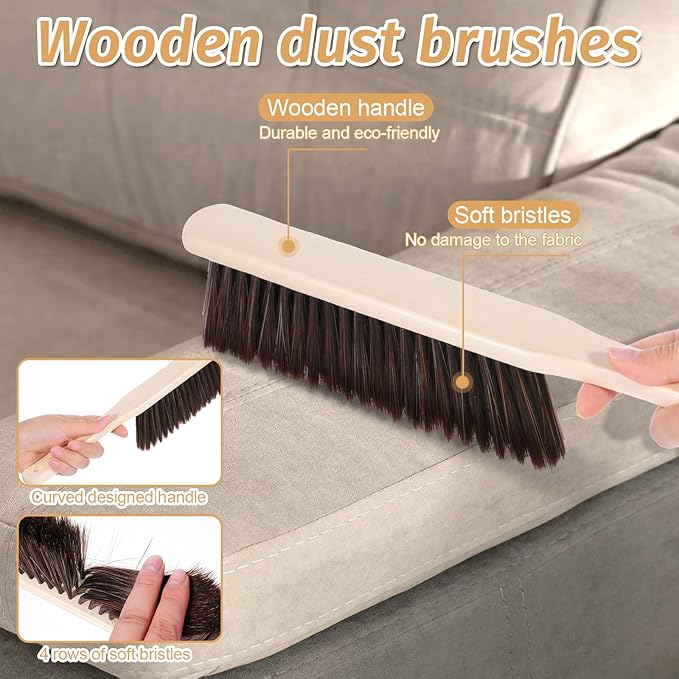 8 Pieces Woooden Dust Brush Hand Broom Bulk Bench Brush with Long Wood Handle Soft Bristle Whisk Broom for Counter Bed Sofa Bench Car Fireplace Clothes Household Cleaning-CasaMuseHome