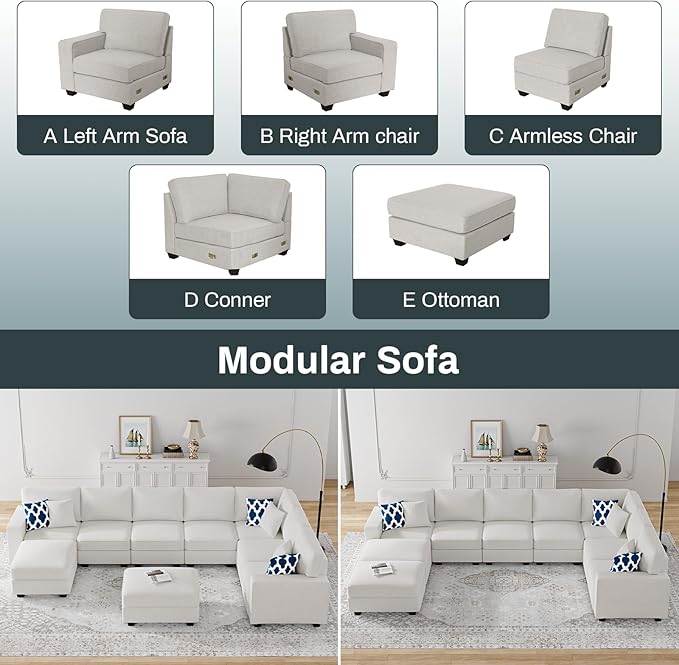 L Lengend Vansen Modular Sectional Sofa U Shaped Couch with Ottoman Modern Reversible Corner Sectional Couch for Living Room (Cream, U Shaped Sofa-5)-CasaMuseHome
