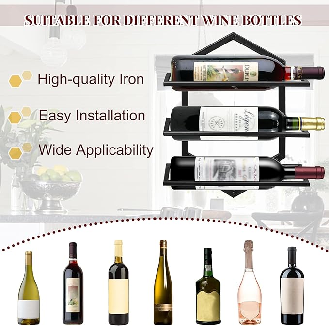 2Pcs Wall Mounted Wine Stemware Rack, Metal Hanging Wine Glass Display Holde Holds 3 Bottles, Elegant Storage for Kitchen Dining Room Bar Wine Cellar-CasaMuseHome