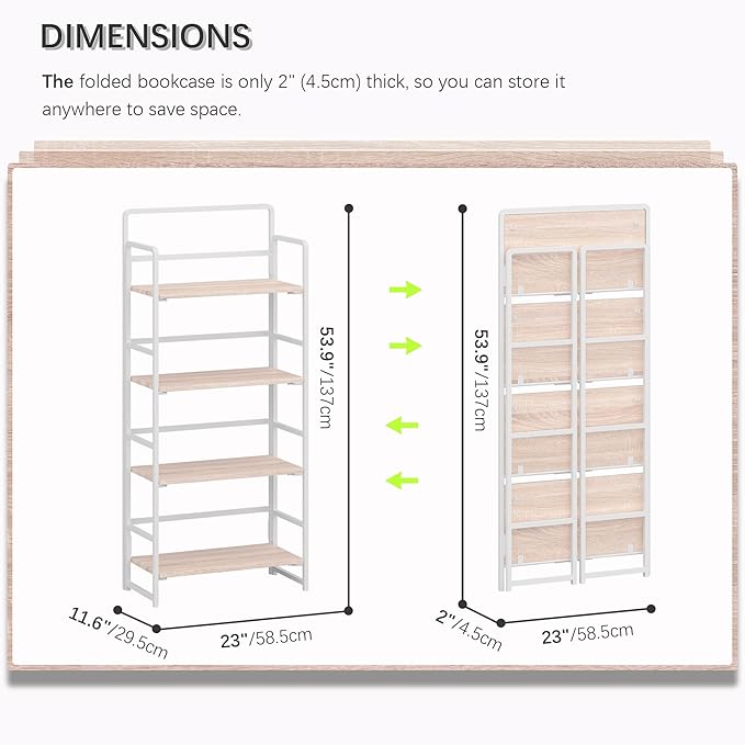 4NM No Assembly Foldable Bookshelf, 4-Shelf Collapsible Bookcase Storage for Small Spaces, 54" H, Natural White-CasaMuseHome