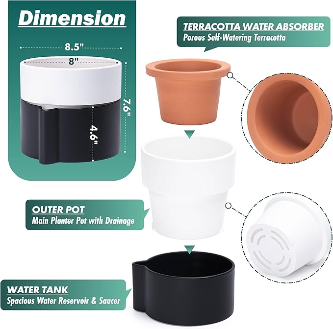 8 Inch Self-Watering Planter Pot with Terracotta Insert, Deep Water Reservoir, and Ceramic-Alike BPA-Free Plastic Planter Pot for Plant, Modern Planter for Houseplants, Black/White, 53-C-T-7-CasaMuseHome