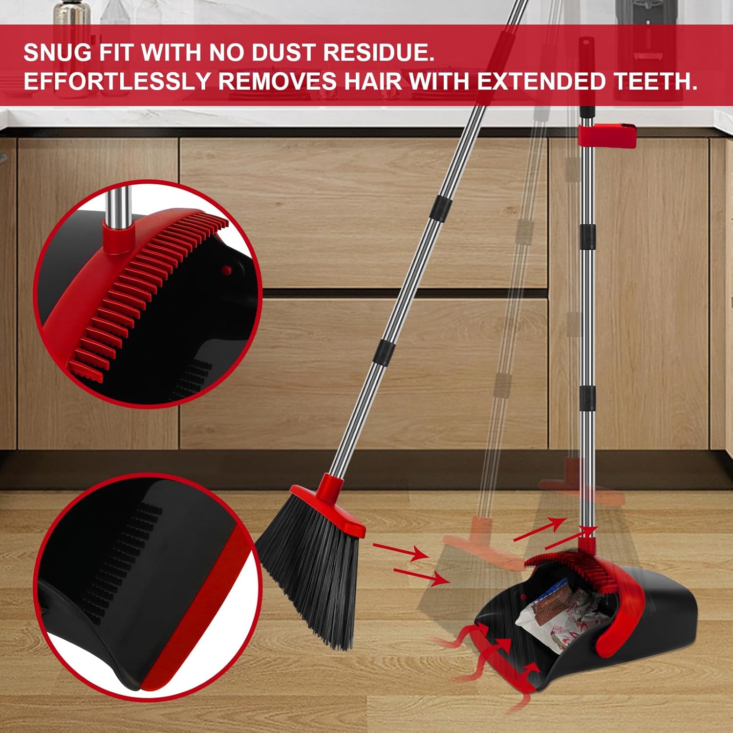 Broom and Dustpan Set, Large Household Broom with Dustpan Combo Set, 55 Inch Long Handle, Red Dust Pan Combo Set for Home