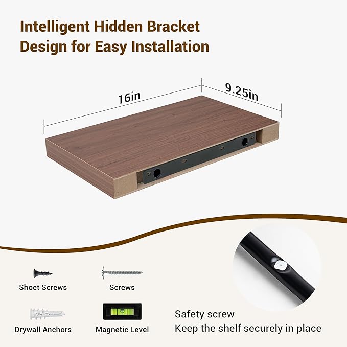 16 Inch Floating Shelves, 16"x9.25"x1.5" Inch Deep Floating Shelves for Wall, Wooden Shelves for Bathroom, Bedroom, Living Room, Walnut-CasaMuseHome